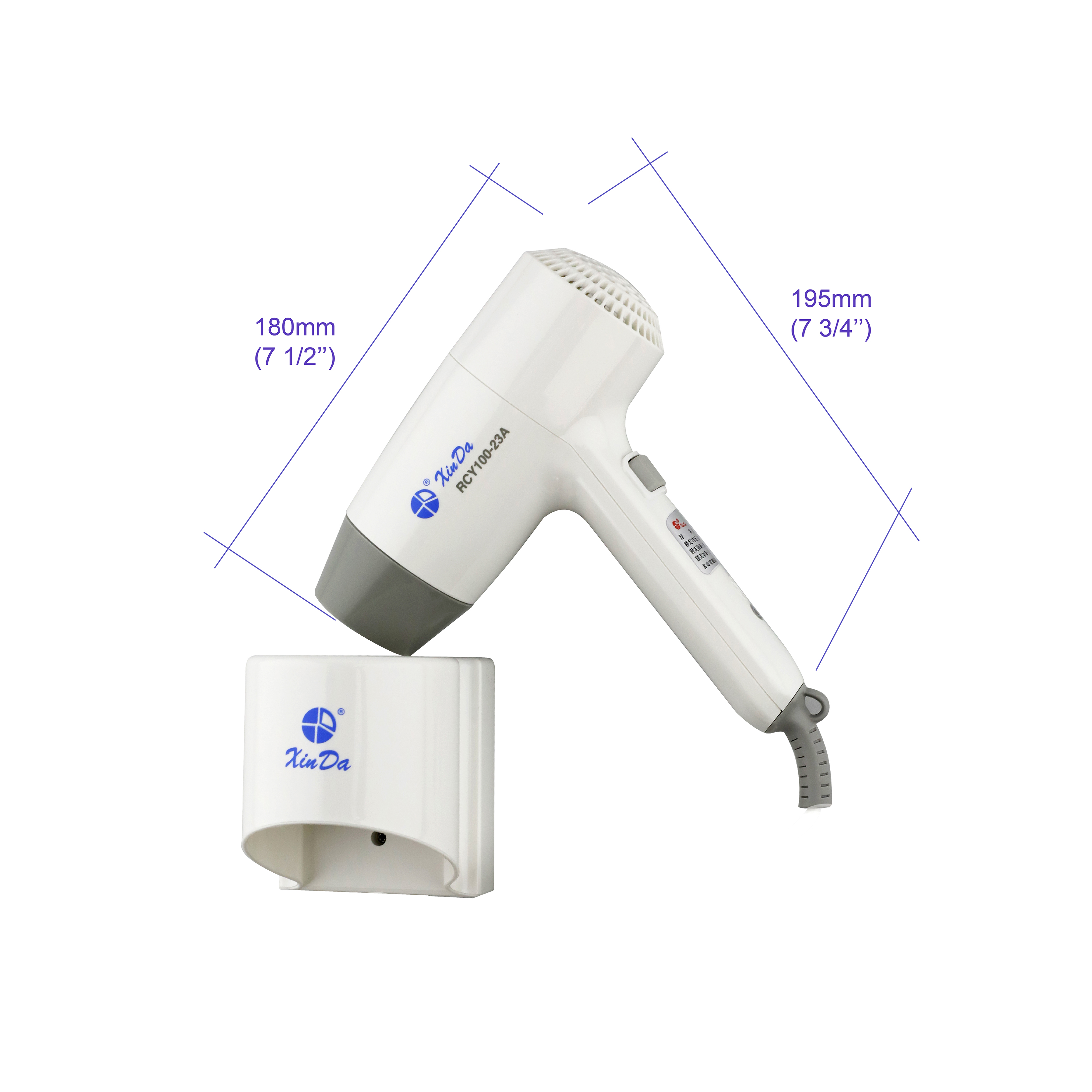 The XINDA RCY-100 23A Color Logo Customized Wall Mounted Hotel Hair Dryer