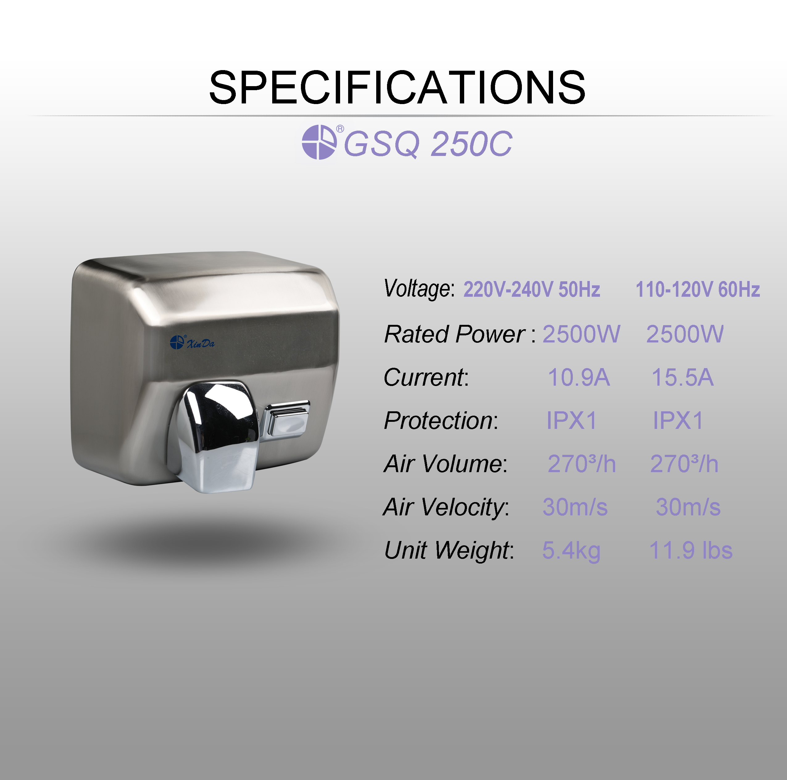The XinDa GSQ250C Silver Wall Mounted Public Bathroom Hospital Toilet Hotel Accessories Commercia Hight-speed Hand Drier